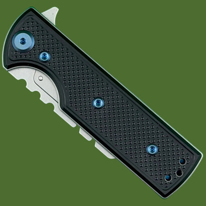 Chaves Blue Label CHUB Flipper Utility Knife Black Knurled Aluminum Stonewash Blade Carrier Blue Hardware