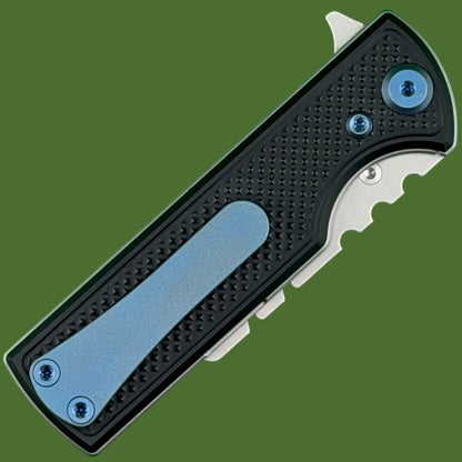 Chaves Blue Label CHUB Flipper Utility Knife Black Knurled Aluminum Stonewash Blade Carrier Blue Hardware