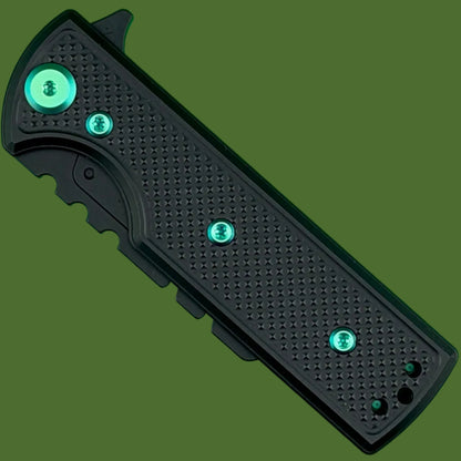 Chaves Blue Label CHUB Flipper Utility Knife Black Knurled Aluminum PVD Blade Carrier Green Hardware