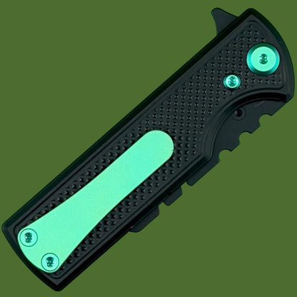 Chaves Blue Label CHUB Flipper Utility Knife Black Knurled Aluminum PVD Blade Carrier Green Hardware