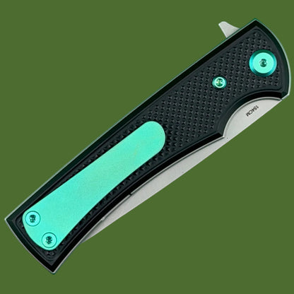 Chaves Blue Label Liberation Street Liner Lock Black Knurled Aluminum Handles Green Hardware (Stonewash Drop Point)