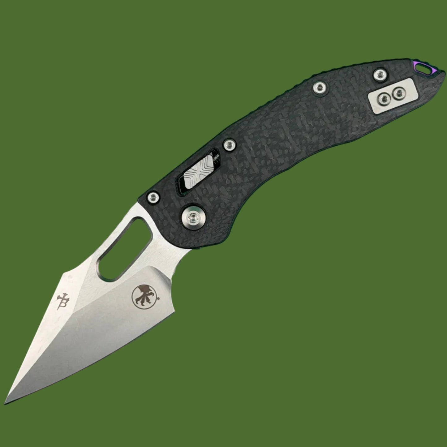 Microtech Stitch Ram-Lok Marfione Select Slab Side Carbon Fiber w/ Purple Titanium Accent Stonewash