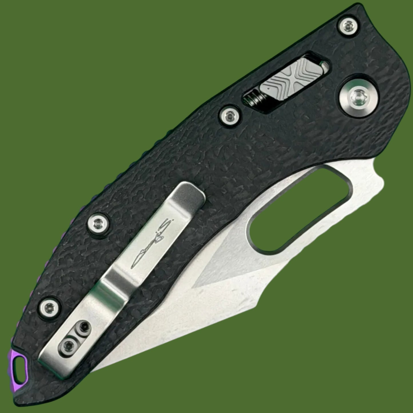 Microtech Stitch Ram-Lok Marfione Select Slab Side Carbon Fiber w/ Purple Titanium Accent Stonewash