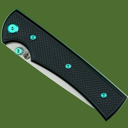 Chaves Blue Label Liberation 229 Liner Lock Black Knurled Aluminum Handles Green Hardware (Stonewash Drop Point)