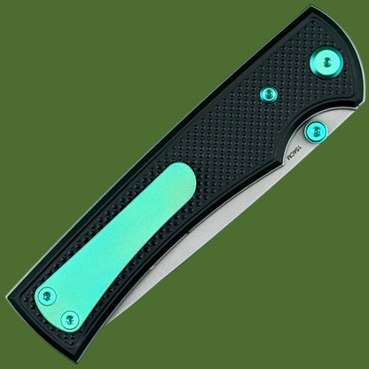 Chaves Blue Label Liberation 229 Liner Lock Black Knurled Aluminum Handles Green Hardware (Stonewash Drop Point)
