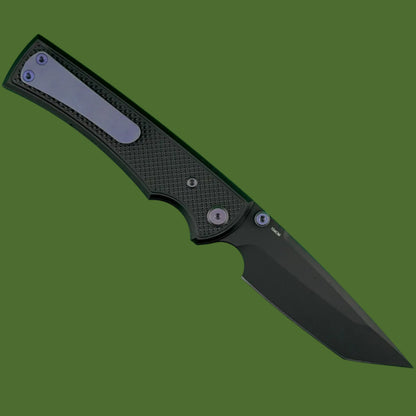 Chaves Blue Label Liberation 229 Liner Lock Black Knurled Aluminum Handles Purple Hardware (Black Tanto)