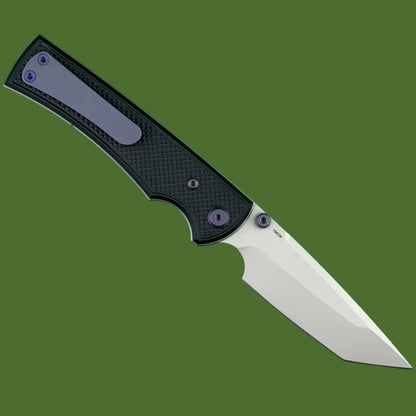 Chaves Blue Label Liberation 229 Liner Lock Black Knurled Aluminum Handles Purple Hardware (Stonewash Tanto)