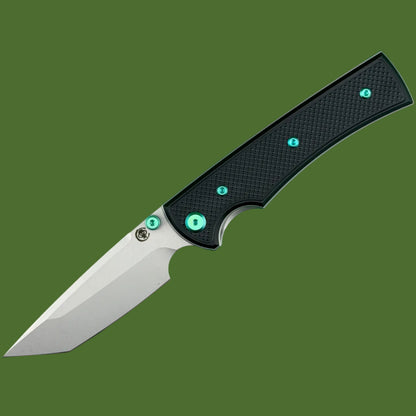 Chaves Blue Label Liberation 229 Liner Lock Black Knurled Aluminum Handles Green Hardware (Stonewash Tanto)