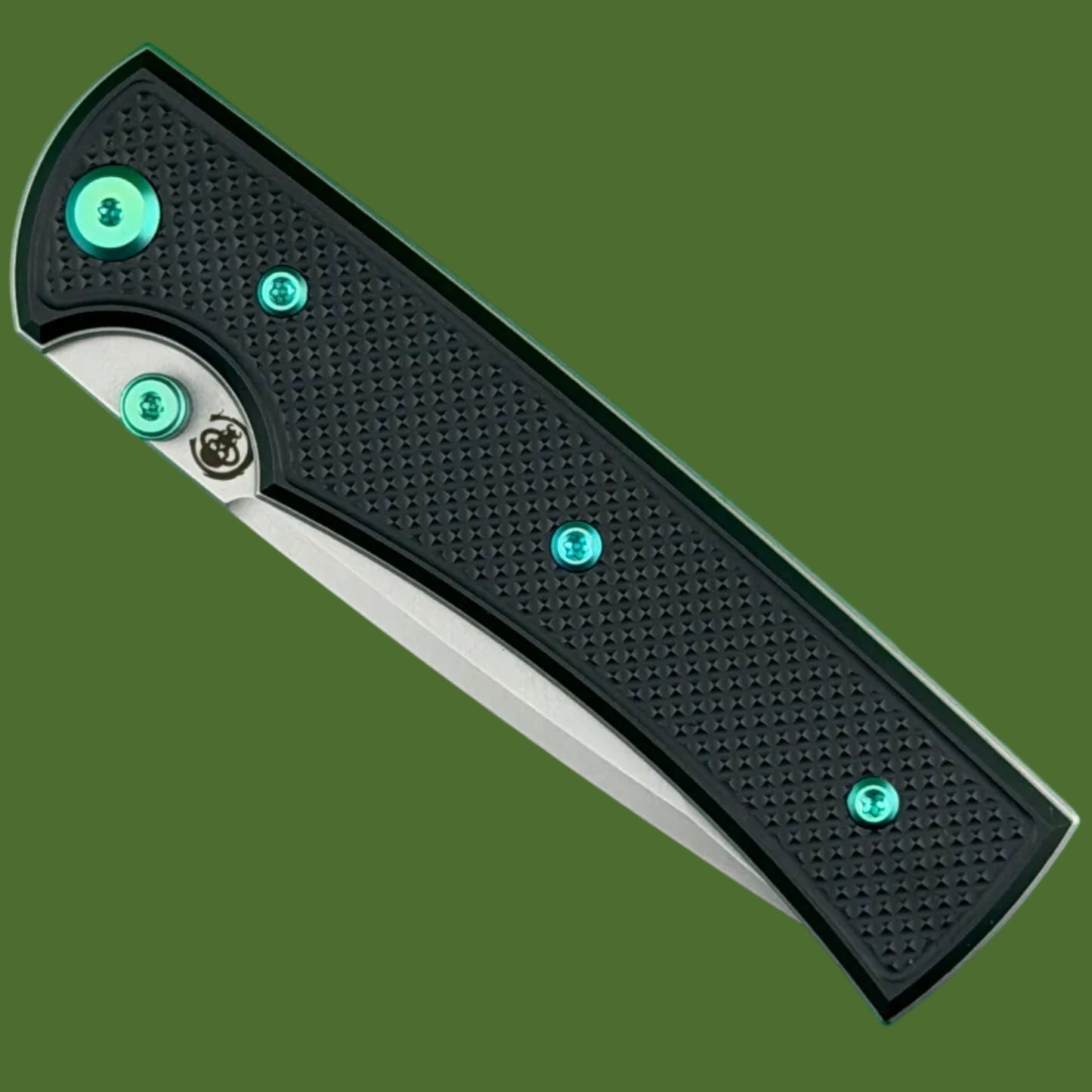 Chaves Blue Label Liberation 229 Liner Lock Black Knurled Aluminum Handles Green Hardware (Stonewash Tanto)