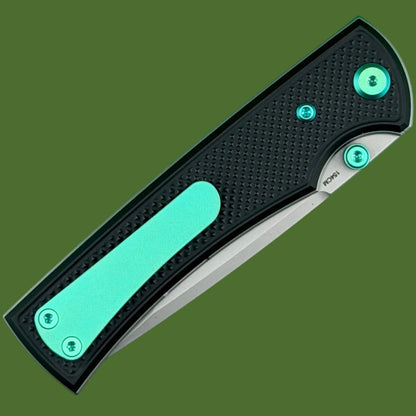 Chaves Blue Label Liberation 229 Liner Lock Black Knurled Aluminum Handles Green Hardware (Stonewash Tanto)