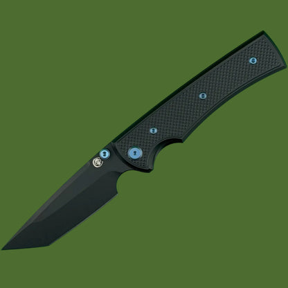 Chaves Blue Label Liberation 229 Liner Lock Black Knurled Aluminum Handles Blue Hardware (Black Tanto)