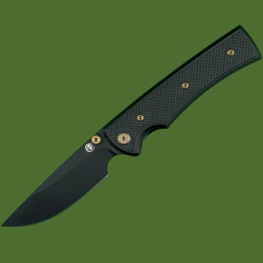 Chaves Blue Label Liberation 229 Liner Lock Black Knurled Aluminum Handles Bronze Hardware (Black Drop Point)