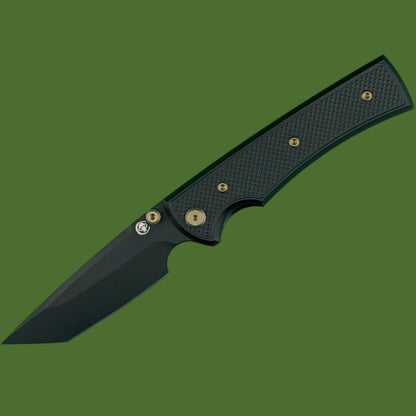 Chaves Blue Label Liberation 229 Liner Lock Black Knurled Aluminum Handles Bronze Hardware (Black Tanto)