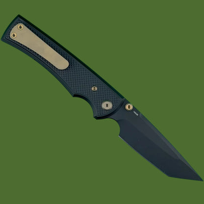 Chaves Blue Label Liberation 229 Liner Lock Black Knurled Aluminum Handles Bronze Hardware (Black Tanto)