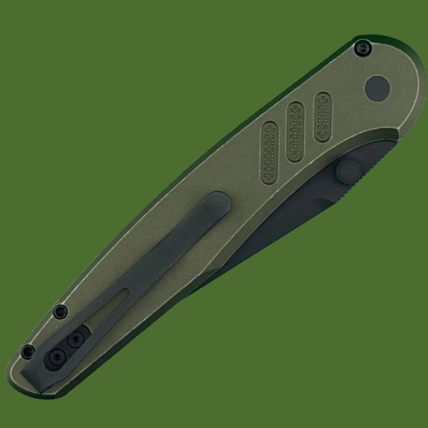 Protech Peace Neighbor Avalon Button Lock Battleworn OD Green Handle DLC Blade PN1103-BWGREEN