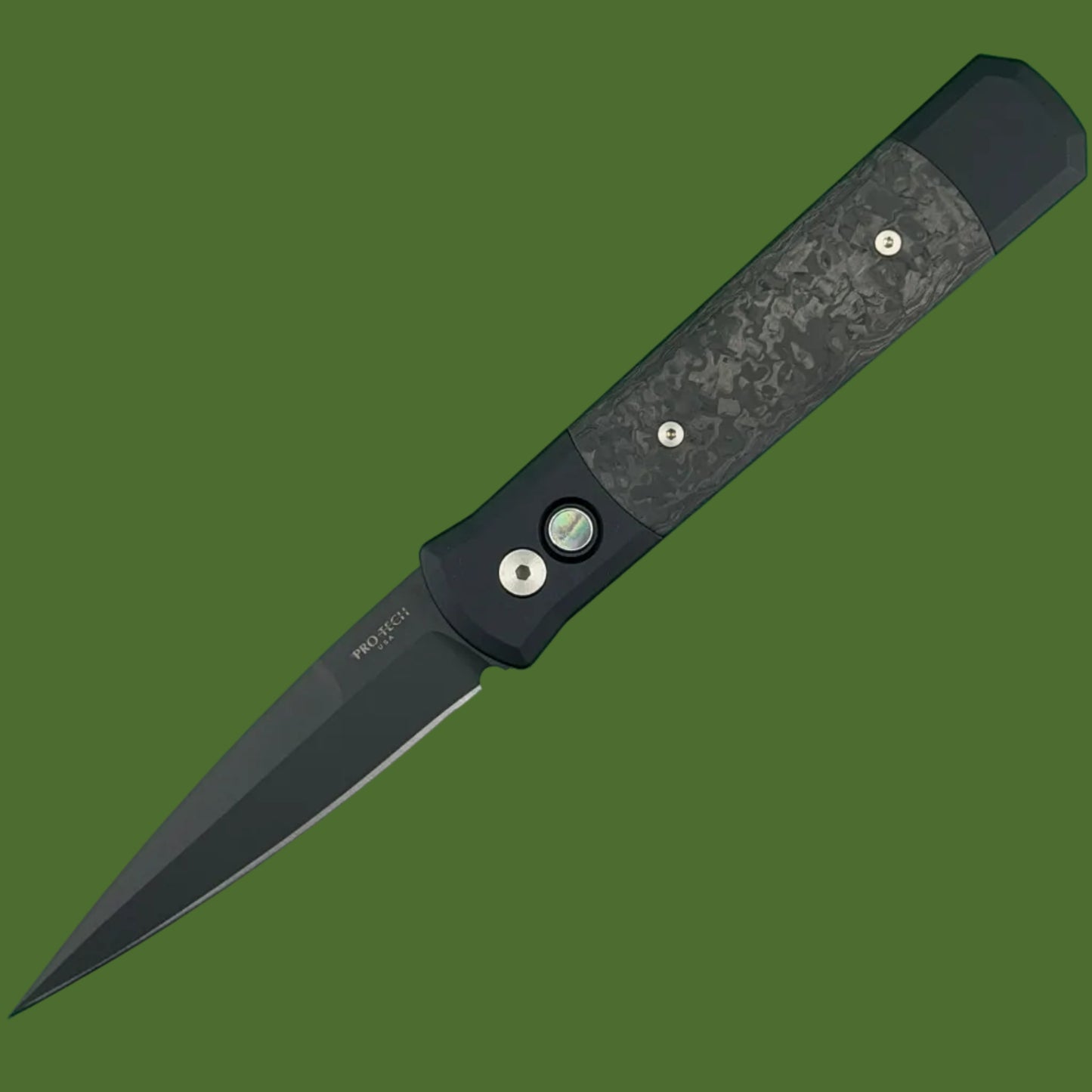 Protech Godfather Auto Black TechnoCarbo Inlays DLC Blade Black Lip Pearl Button 905-LTDTCBlack