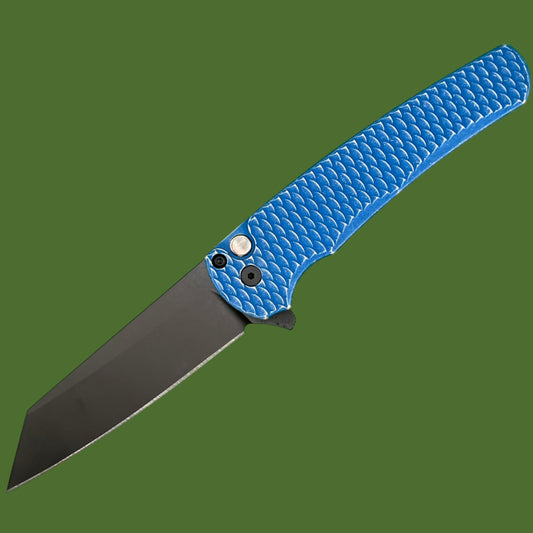 Protech Malibu Button Lock Reverse Tanto Battleworn Blue Dragon Scale 5436-BWBLUELTD