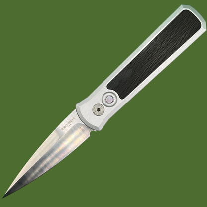 Protech Godson Auto 20CV (Silver Handle, Crosscut Carbon Fiber Inlay) 7210-SilverCrosscut20CV