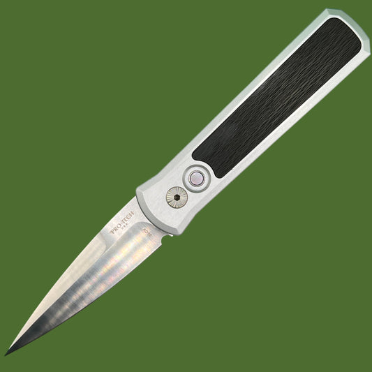 Protech Godson Auto 20CV (Silver Handle, Crosscut Carbon Fiber Inlay) 7210-SilverCrosscut20CV