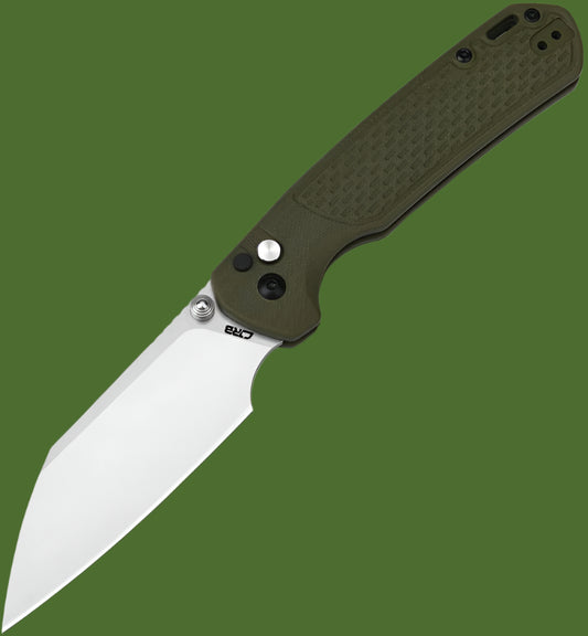 CJRB Large Pyrite Light Button Lock (OD Green Handle, Stonewash Blade)